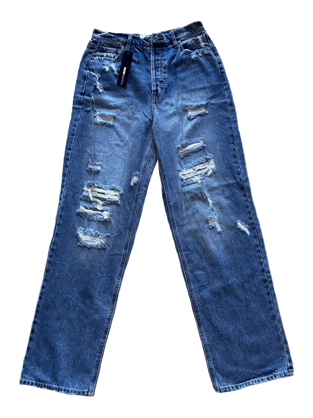 Blue Distressed Straight-Leg Jeans